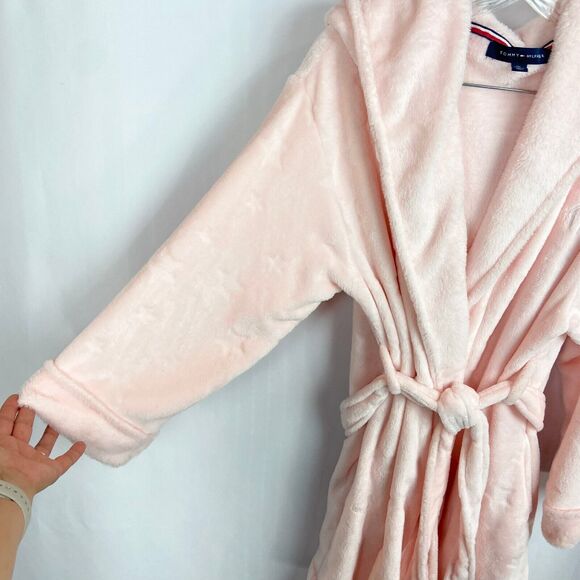 Tommy Hilfiger Pink Star Print Hooded Robe Sz L XL Soft Faux Fur Texture Pockets - Picture 2 of 11